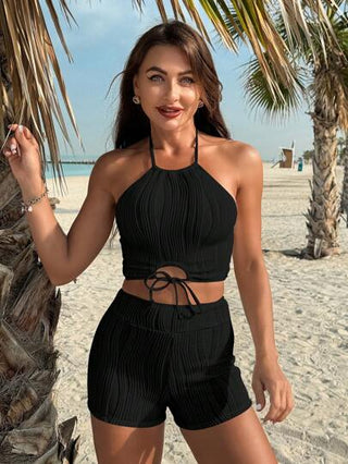 طقم تانكيني حريمي Swim Lushoire طقم بحر صيفي مكون من ملابس علوية عنق قلادة ذات لون أحادي وشورت قصير نسائي، ملابس سباحة كاجوال منفصلة