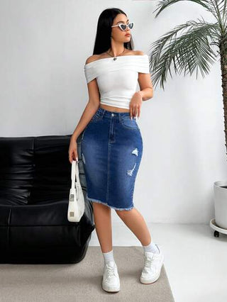 EMERY ROSE تنورة جينز ضيّقة عارية الحواف الممزقة على الطراز الصيفي العادي