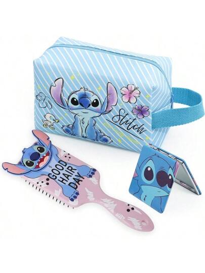 Disney مجموعة أكياس وحقائب للمستلزمات التجميلية والسفر بتصميم غرز، بالإضافة إلى مرآة تجميل الوجه، وفرشاة شعر، وحقيبة سفر مصنوعة من البولي يوريثان لحمام السفر، ومنظم لأدوات التجميل، هدية بتصميم غرز للنساء، مستلزمات السفر والتجميل، ديكورات وملحقات مع سحاب
