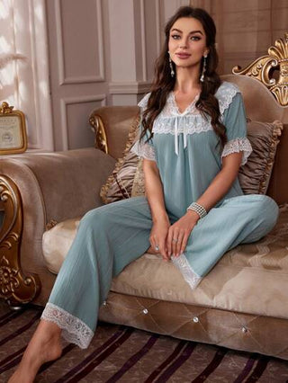 PalaceNights طقم نوم نسائي مجموعة بيجاما بذيل من الدانتيل ومطوية بأمواج