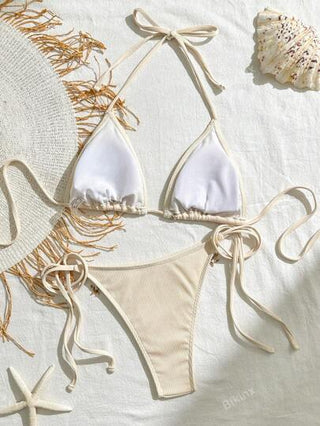 Bikinx مجموعة بكيني لتزيين المثلث من قطعتين للنساء مع ربطة شريط ذات موحد اللون والخياطة والصدف للعطلة الصيفية والشاطئ