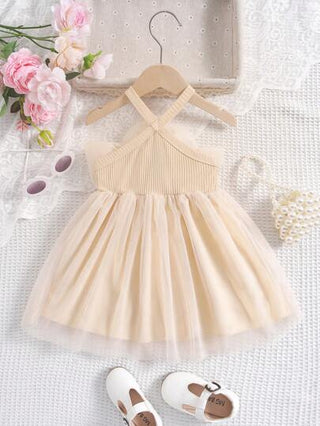 فساتين بيبي فستان أميرة البيبي جيرل من الشبكة مزين بديكور ثلاثي الأبعاد من الأزهار ورباط حول العنق