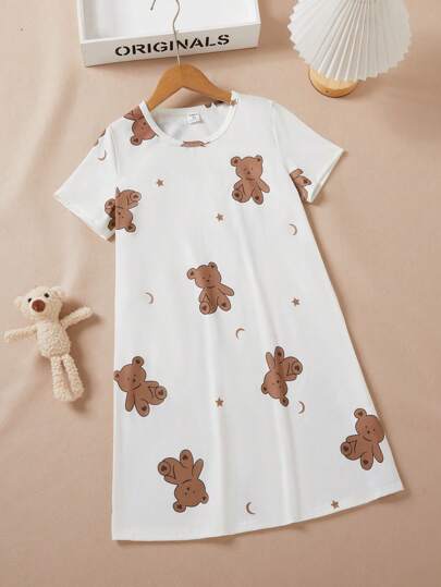 بيجاما فستان نوم دافئ بياقة دائرية وأكمام قصيرة مزخرف بطبعة الدب لفتاة المراهقة، مناسب للارتداء في المنزل