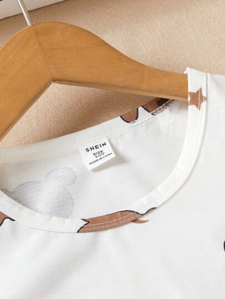 بيجاما فستان نوم دافئ بياقة دائرية وأكمام قصيرة مزخرف بطبعة الدب لفتاة المراهقة، مناسب للارتداء في المنزل