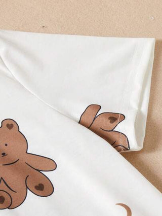 بيجاما فستان نوم دافئ بياقة دائرية وأكمام قصيرة مزخرف بطبعة الدب لفتاة المراهقة، مناسب للارتداء في المنزل