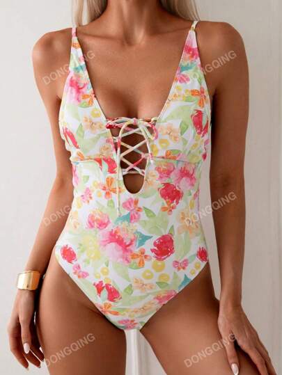 مايوه حريمي قطعة واحدة مايوه نسائي مطبوع بزهور بحمالة للشاطئ في الصيف