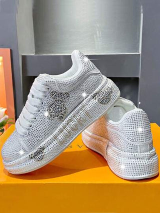 أحذية رياضية سهلة البسط للنساء مزخرفة بالراين, أحذية رياضية كاجوال لحفلات ذات ترتر لامع, تصميم دب جذاب, أحذية كاجوال جديدة خفيفة الوزن مريحة للخريف باللون الأبيض