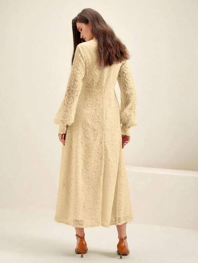 Anewsta فستان طويل الأكمام من الدانتيل بلون واحد، إطلالة نسائية