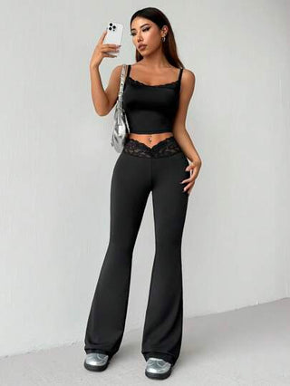 EZwear مجموعة ملابس علوية تانك توب وبنطلون باساور منتفخ بلون صلب وتفصيل دانتيل متقاطع للصيف
