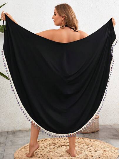 Swim Lushoire فستان ملفوف باللون الأحمر لامع ومطبوع بالأزرار المتداخلة للسيدات بمقاس كبير، يحتوي على كرات دائرية للزينة.