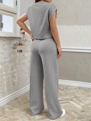 طقم حريمي قطعتين EZwear طقم ملابس علوية وسروال نسائي فضفاض محبوك باللون الرمادي وياقة دائرية
