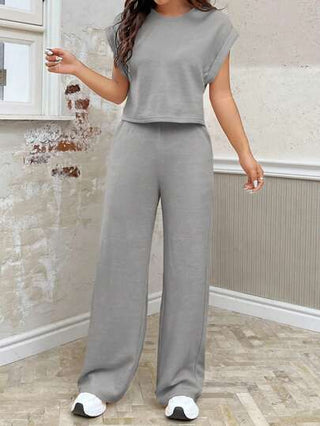 طقم حريمي قطعتين EZwear طقم ملابس علوية وسروال نسائي فضفاض محبوك باللون الرمادي وياقة دائرية