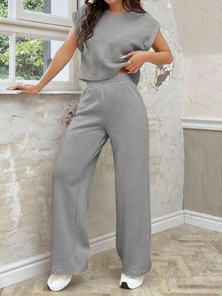 طقم حريمي قطعتين EZwear طقم ملابس علوية وسروال نسائي فضفاض محبوك باللون الرمادي وياقة دائرية