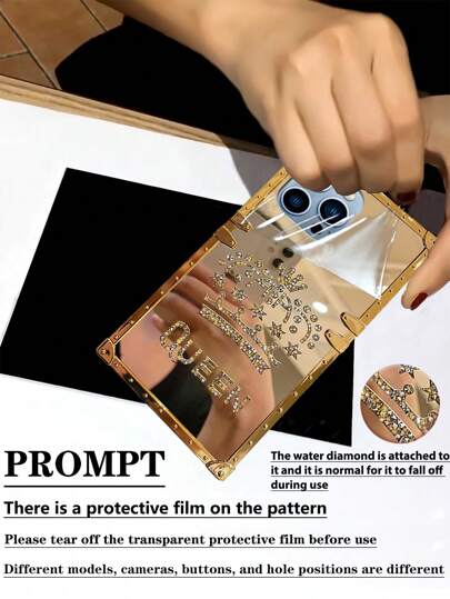 غطاء هاتف ملكي مرصع بالراين ذهبي اللون بشكل تاج ومستطيل، مناسب ومتوافق مع أيفون 16 برو ماكس / 15 برو ماكس / 15 / 14 بلس / 14 بي إم / 14 / 13 / 12 / 11 / XR ، جالكسي ، ريدمي ، ريلمي C61 / C63 / C55 / C53 ، فيفو Y36 / Y28 4G / Y18s ، إنفينيكس سمارت8 ، سبارك