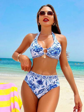 Swim Vcay ثوب البحر بنمط زهور الصيف للنساء يتكون من قطعتين مع حمالة دائرية متصلة ورباط عنق
