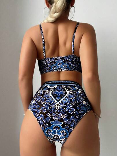مجموعة بيكيني جذابة مطبوعة بزهور الصيف للنساء (أكواب مبطنة + سلك داخلي)