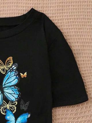 ملابس بناتي تيشيرت صيفي عارضة شبكية للفتيات بعنق دائري طباعة فراشة مطبوعة بأكمام قصيرة