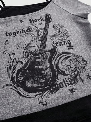 ROMWE Grunge Punk تي شيرت نسائي بكتلة لون كبير مع طباعة جيتار جرانج ولموسيقى الروك في مهرجان المدرسة