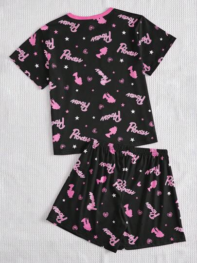 بيجاما مجموعة قميص كم قصير وشورت للنساء والمراهقات باللون الأسود الحد الأدنى والطباعة الزهرية الوردية للارتداء اليومي مكونة من قطعتين