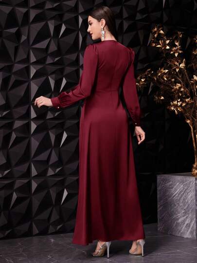 Modelyn فستان نسائي أنيق لون أحمر بوردو غامق، بأكمام فانوس طويلة وخصر مطوي مع تفاصيل مميزة ، فستان سهرة طويل للربيع/الصيف