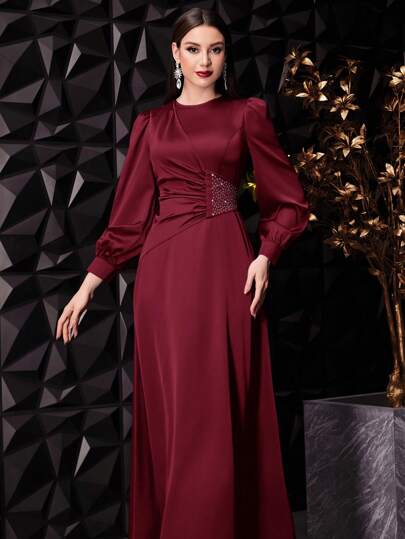 Modelyn فستان نسائي أنيق لون أحمر بوردو غامق، بأكمام فانوس طويلة وخصر مطوي مع تفاصيل مميزة ، فستان سهرة طويل للربيع/الصيف