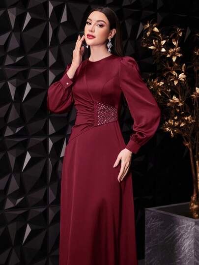 Modelyn فستان نسائي أنيق لون أحمر بوردو غامق، بأكمام فانوس طويلة وخصر مطوي مع تفاصيل مميزة ، فستان سهرة طويل للربيع/الصيف