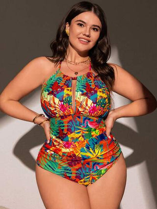 Swim Lushoire بدلة سباحة قطعة واحدة مع طبعة نباتات استوائية لسيدات البدناء، ربطة ظهر فتحات شاطئية صيفية للعطلات