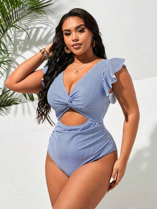 Swim Lushoire بدلة سباحة قطعة واحدة للمقاسات الكبيرة مع طبعات مخططة وياقة على شكل حرف V، مزينة بعقدة محورة وكشكشة وطيات، مناسبة للصيف