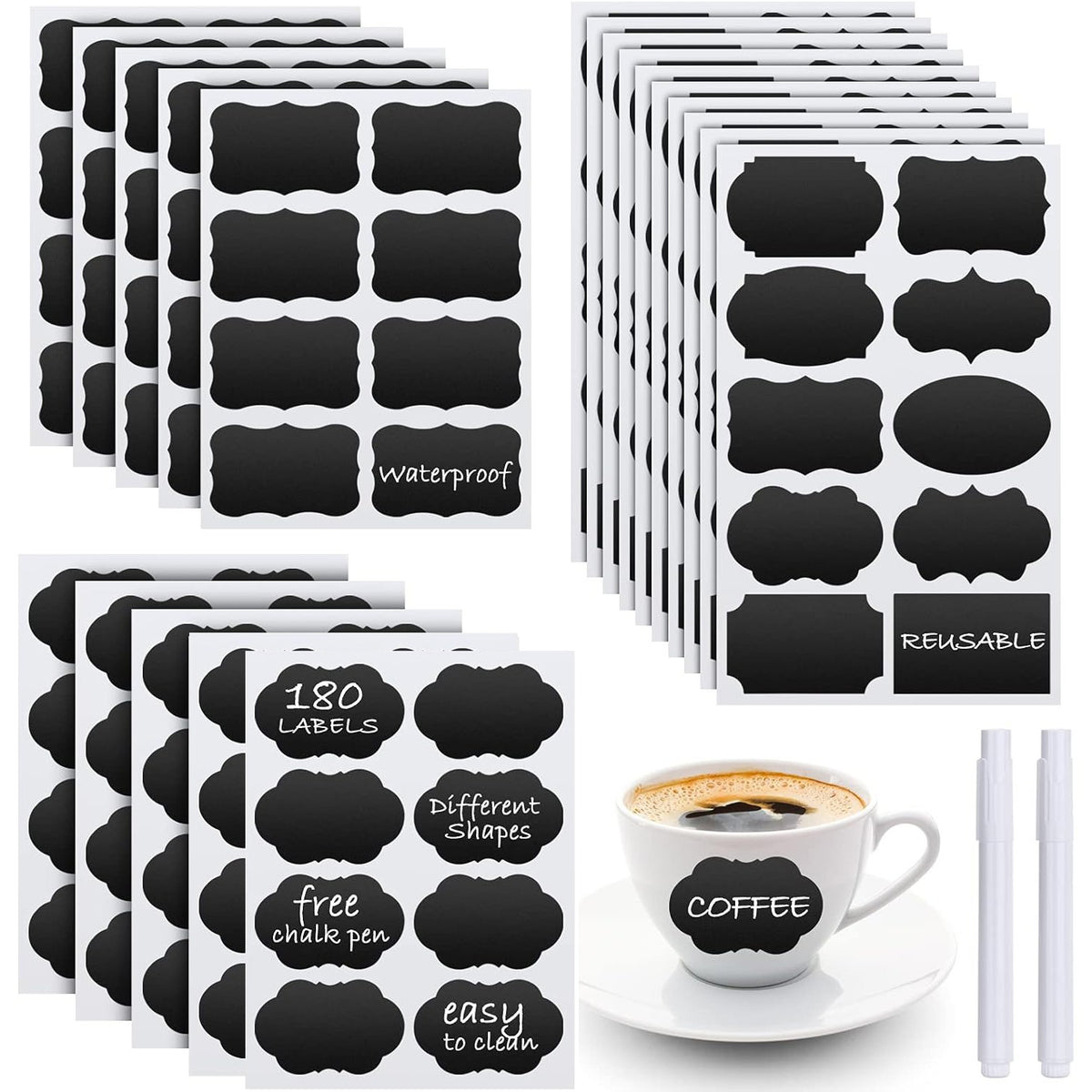 180 عبوة من ملصقات السبورة المقاومة للماء مع 2 علامات طباشير بيضاء قابلة للمسح، ملصقات سوداء لاصقة قابلة لإعادة الاستخدام للبرطمانات والحاويات والمطبخ ومخزن المؤن ومنظمات تخزين المكتب