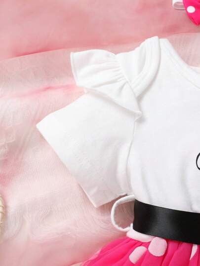 فساتين بيبي فستان طفلة جذاب ومريح، بطبعة شعار مطبوعة على قماش الشبك المنقط مزين بالأكمام، مع إكسسوار عقال