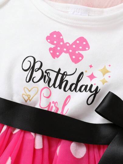 فساتين بيبي فستان طفلة جذاب ومريح، بطبعة شعار مطبوعة على قماش الشبك المنقط مزين بالأكمام، مع إكسسوار عقال