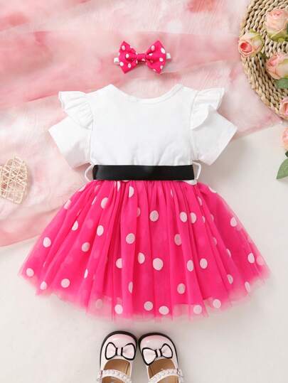 فساتين بيبي فستان طفلة جذاب ومريح، بطبعة شعار مطبوعة على قماش الشبك المنقط مزين بالأكمام، مع إكسسوار عقال