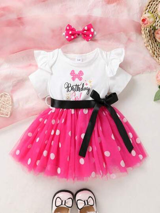 فساتين بيبي فستان طفلة جذاب ومريح، بطبعة شعار مطبوعة على قماش الشبك المنقط مزين بالأكمام، مع إكسسوار عقال