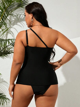 SHEIN Swim Curve مجموعة ملابس سباحة للعطلات بتصميم كتف مائل ذو لون أحادي مع ملابس السباحة وسراويل السباحة مقاسات كبيرة للصيف