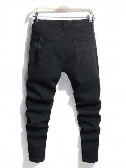 بنطلون جينز رجالي قصير بتمزق ومنقوش برذاذ الحبر ، بنطلون كاجوال مرن وضيق الساق