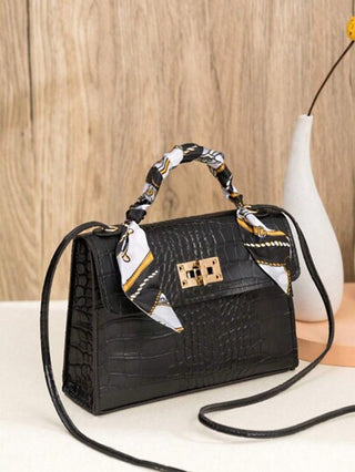 حقيبة كتف صغيرة بلون صلب مع ديكور وشاح،حقيبة يد مثالية للاستخدام اليومي وإهداء الهدايا