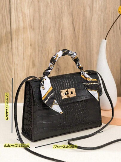 حقيبة كتف صغيرة بلون صلب مع ديكور وشاح،حقيبة يد مثالية للاستخدام اليومي وإهداء الهدايا