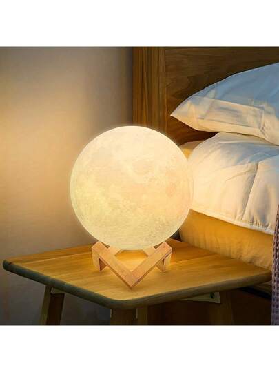 1 قطعة مصباح القمر، إضاءة ليلية قمرية ثلاثية الأبعاد مع قاعدة خشبية، إضاءة ليلية دافئة ناعمة للمنزل ومكتب الديكور وغرفة الأطفال، مناسبة كهدية للأطفال وحفلات استحمام الأطفال والديكورات العائلية