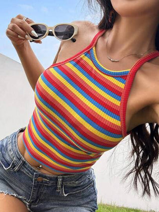 Comfortcana مجموعة مكونة من 3 قطع: ملابس علوية ضيقة منسوجة بتصميم خطوط متعرجة و حزام حول الرقبة وتصميم متعدد الألوان للصيف