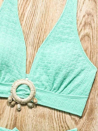 Swim مجموعتي بيكيني للنساء بلون واحد بياقة حول الرقبة، بقطعتين منفصلتين للصيف والشاطئ والعطلات، مجموعتان بقطعتين بلون أخضر مجموعة صيفية للنساء