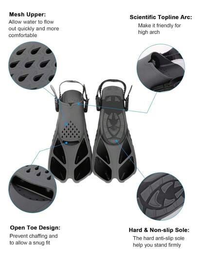 زوج واحد من زعانف الغوص ذات التصميم المضاد للانزلاق ومقاس قصير مفتوحة في الكعب، مناسب للسفر وللغطس والسباحة للكبار