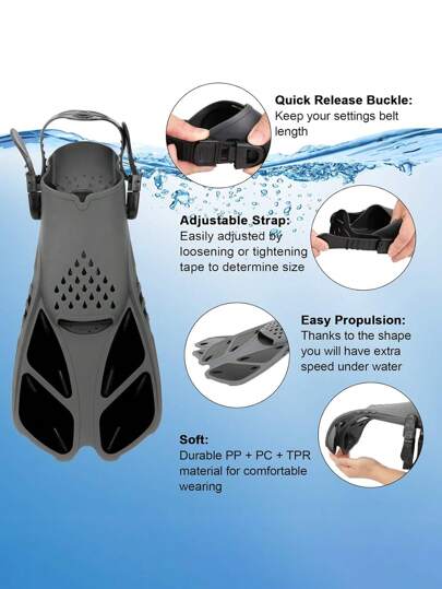 زوج واحد من زعانف الغوص ذات التصميم المضاد للانزلاق ومقاس قصير مفتوحة في الكعب، مناسب للسفر وللغطس والسباحة للكبار