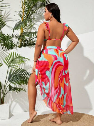 Swim Vcay بيكيني كبير الحجم للنساء بطبعة كاملة وتنورة تغطية للشاطئ في الصيف