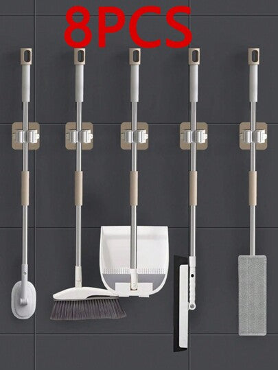 حامل ممسحة ومكنسة متعدد الوظائف بالخطاف 8 قطع / 4 قطع / قطعة واحدة، حامل المكنسة اللاصق الجداري، منظم الأدوات للمنزل والحمام والمطبخ والحديقة والجراج، قابل للإزالة ومضاد للانزلاق ومقاوم للماء