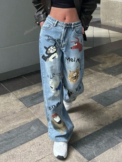 بنطلون جينز بقصة عريضة وجيوب مائلة مطبوع عليه رسوم كرتونية وحروف على طراز Y2K الشارعي المغسول مريح للغاية للطلاب السابقين