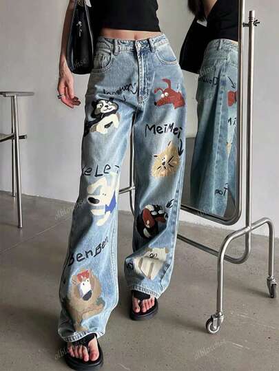 بنطلون جينز بقصة عريضة وجيوب مائلة مطبوع عليه رسوم كرتونية وحروف على طراز Y2K الشارعي المغسول مريح للغاية للطلاب السابقين