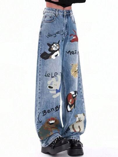 بنطلون جينز بقصة عريضة وجيوب مائلة مطبوع عليه رسوم كرتونية وحروف على طراز Y2K الشارعي المغسول مريح للغاية للطلاب السابقين