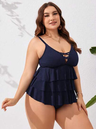 SHEIN Swim Curve ملابس علوية كامي كبيرة الحجم بطبقات متعددة متقاطعة بلون سادة و حافة مجعدة لباس شاطئ صيفي للنساء