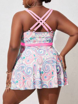 SHEIN Swim Curve تانكيني بطبعة بيزلي وطية للسيدات بمقاس زائد ، ملابس سباحة للشاطئ في الصيف