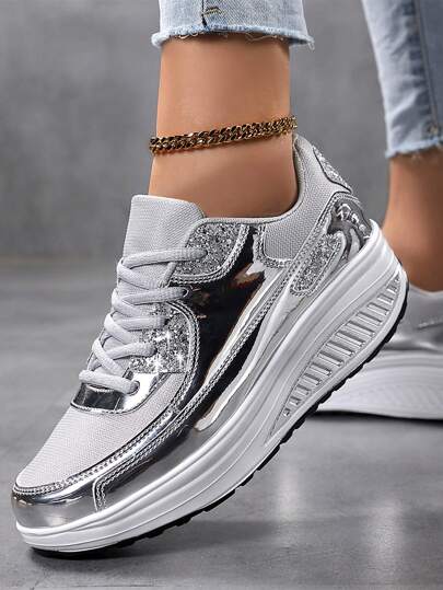 أحذية رياضية مبطنة على الطراز الكوري باللون الذهبي/الفضي/الأبيض، أحذية رياضية كاجوال للطلاب والمراهقين، أحذية منصة من الجلد العصرية مرصعة باللآلئ والكريستال الملونة، أحذية جري خفيفة الوزن وعصرية متعددة الاستخدامات